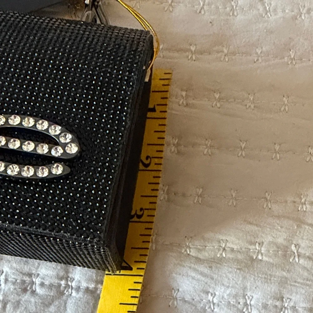 Bebe Black Sparkly Handbag w/ Rhinestone Logo, 5" Metal Handle + Silver Chain - Picture 9 of 10